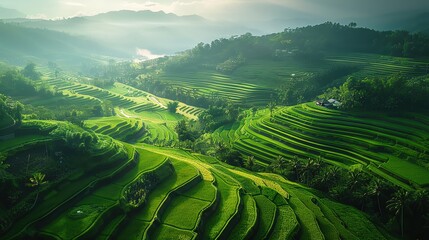 Aerial view of the iconic rice terraces in Bali, Indonesia, with lush green fields cascading down the hillsides. Shot with Panasonic lens