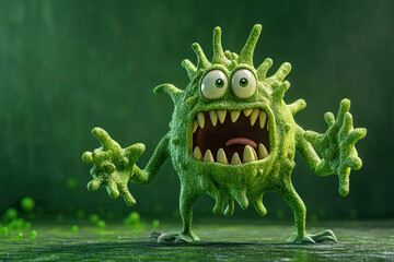 Fototapeta premium Green evil coronavirus monster isolated on a green background. Dangerous virus or bacteria, including Covid-19, HIV, and AIDS. 3D cartoon character with copy space.