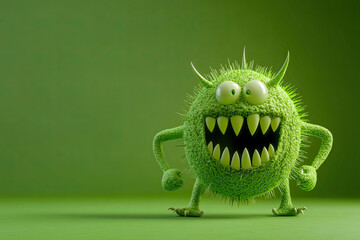 Fototapeta premium Green evil coronavirus monster isolated on a green background. Dangerous virus or bacteria, including Covid-19, HIV, and AIDS. 3D cartoon character with copy space.