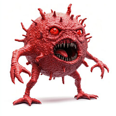 Red evil coronavirus monster isolated on a white background. Dangerous virus or bacteria, including Covid-19, HIV, and AIDS. Cartoon character for design