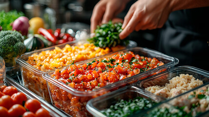Obraz premium Variety of Fresh Vegetables and Grains for Healthy Meal Prep on a Kitchen Counter