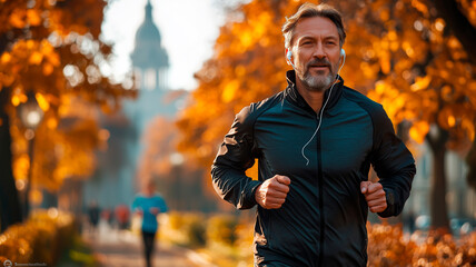 Obraz premium Middle-aged Man Jogging in a Park, Embracing Fitness and an Active Lifestyle