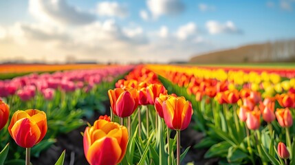 Scenic view of the vibrant tulip fields in the Netherlands, with rows of colorful flowers stretching to the horizon. Shot with Panasonic lens