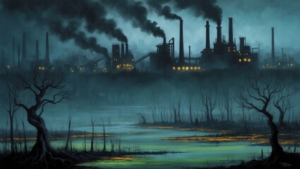 Silhouettes of industry amid environmental degradation