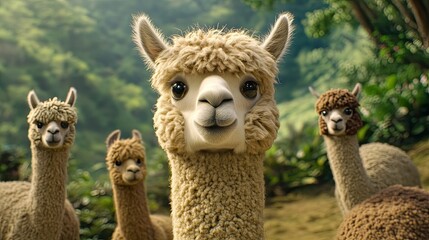 Close-up of an alpaca family, farm background with lush greenery, cozy and warm atmosphere.