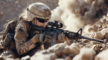 Female soldier in desert combat gear crouching in a rocky landscape aiming rifle sharp focus high detail high resolution