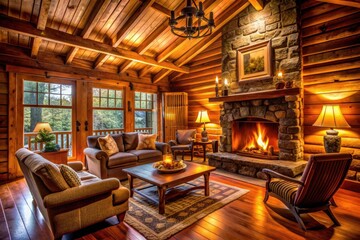 Cozy Haven: Warm, inviting, rustic, amber glow, crackling fire