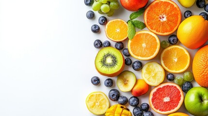 Fresh fruits laid out on a white background, providing a bright and healthy look with text space.