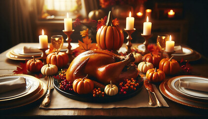 Thanksgiving vibe a beautifully set dining table adorned with a golden brown roasted chicken and small decorative pumpkins and colorful berries