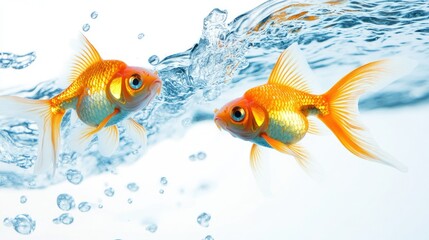 Goldfish duo observing a dynamic, clear water wave, gracefully captured, peaceful atmosphere.