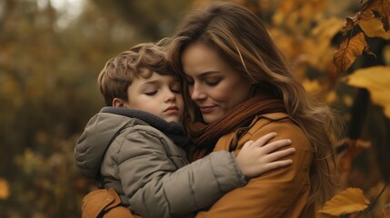 Fototapeta premium A mother embraces her son in a warm autumn forest surrounded by vibrant fall foliage during a peaceful afternoon
