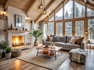 Cozy Scandinavian Retreat: Warm woods, soft textiles, neutral colors, hygge atmosphere, functional design
