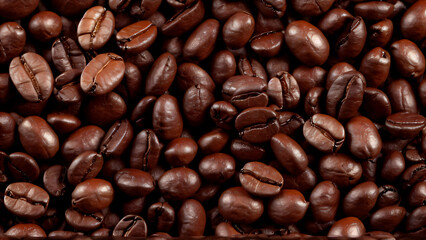 Fototapeta premium Detailed Close-Up of Glossy Coffee Beans: Rich Dark Brown and Light Brown Tones with Reddish Hues, Highlighting Roasting Cracks, Smooth Yet Uneven Texture, and Size Variations, Perfect for Coffee Prod