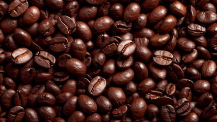 Fototapeta premium Detailed Close-Up of Glossy Coffee Beans: Rich Dark Brown and Light Brown Tones with Reddish Hues, Highlighting Roasting Cracks, Smooth Yet Uneven Texture, and Size Variations, Perfect for Coffee Prod