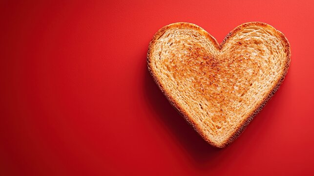 Naklejki A heart-shaped slice of toast on a vibrant red background, symbolizing love and romance in food art.