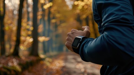 Fototapeta premium Person jogging in autumn forest, wearing fitness tracker. Focus on technology, active lifestyle, and nature trail with fall leaves.