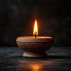 A warm glow emanates from a beautifully ornate diya lamp, highlighting its intricate designs and vibrant hues, representing the Diwali festival of lights.