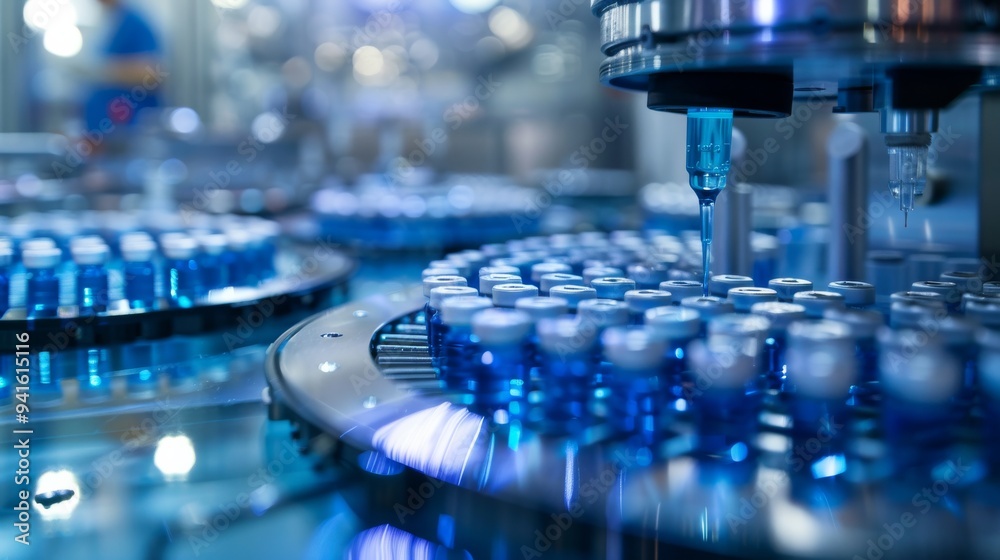 Poster close-up of an automated pharmaceutical production line where vials are filled with blue liquid. the