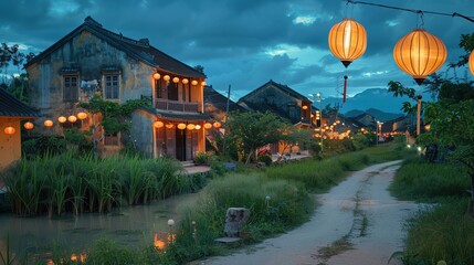 Photograph the traditional wooden houses and rice paddies of Hoi An, Vietnam, with lanterns illuminating the streets at night. Shot with Nikon lens