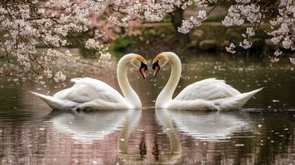 Fototapeta premium Swans create a heart with their necks, reflecting in a calm pond under cherry blossoms, embodying the concept of love.