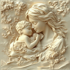 3D bas-relief of a mother and child close-up in vanilla and beige tones.Vector. A resource for advertising reproductive medicine centers, perinatal departments, a sketch, a template for creativity, cr