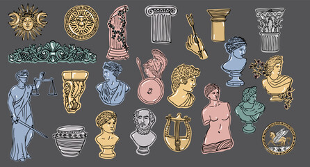 Colorful Trendy Doodle Illustration of Ancient Greek Sculptures and Columns