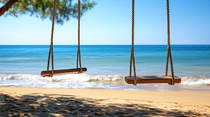 Wooden swing hanging over golden sands and a tranquil beach, with gentle waves and a horizon of clear skies.