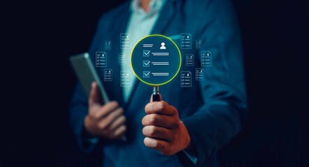 Human resources management concept, Business and technology Fill out an online employee assessment form. Human resource management, HR, recruitment, leadership and teambuilding.