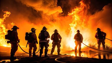 Obraz premium Crimson Dawn: Pre-dawn fire, firefighter silhouettes, warm colors, intense lighting