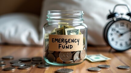 Glass jar labeled 'Emergency Fund' filled with coins and bills on a bedside table. The 'Emergency Fund' jar on a bedside table highlights financial readiness for unexpected expenses.