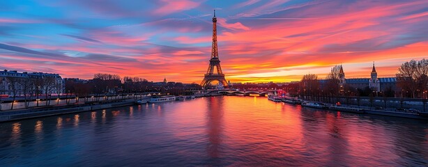 Naklejka premium Photograph the iconic landmarks of Paris, France, including the Eiffel Tower and the Seine River, under the warm glow of sunset. Shot with Nikon lens