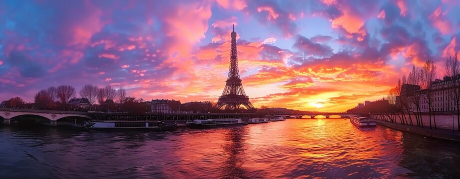 Photograph the iconic landmarks of Paris, France, including the Eiffel Tower and the Seine River, under the warm glow of sunset. Shot with Nikon lens