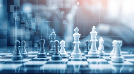 A strategic view of a chessboard with digital elements, symbolizing modern tactics and competitive thinking in chess.