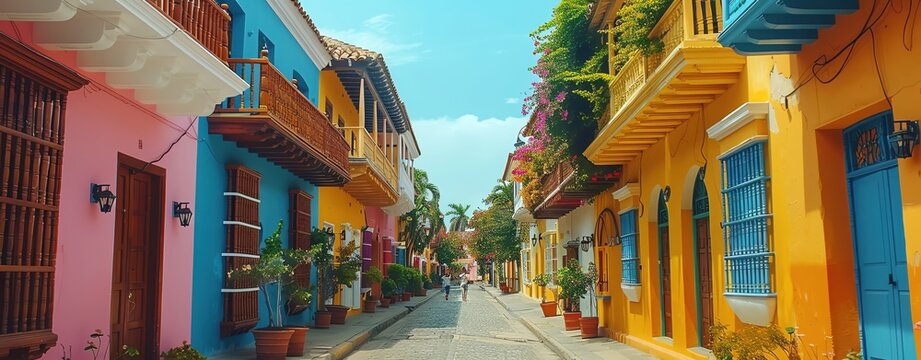 Fototapeta Capture the vibrant street life and historic architecture of Cartagena, Colombia, with colorful buildings and cobblestone streets. Shot with Sony lens