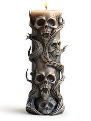 Naklejka premium Spooky Halloween Themed Candles with Haunting Skull and Hand Motifs in Dimly Lit Shadowy Setting on Isolated White Background