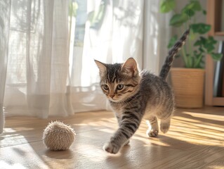 A tabby kitten playing with a homemade toy in a warm living room bathed with natural light. Generative AI