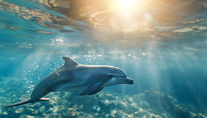 Obraz premium Dolphin in the ocean. Top view of a dolphin in the ocean with natural light and shadows. Summer Calm: Dolphins swim in the ocean against a clear blue background, sunshine and calm.