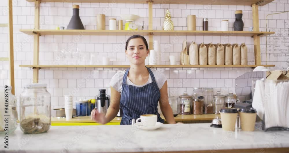 Wall mural Happy, barista and working in coffee shop with arms crossed, pride and latte on table in small business. Cafe, waitress or portrait of woman with espresso, tea or service in hospitality or restaurant