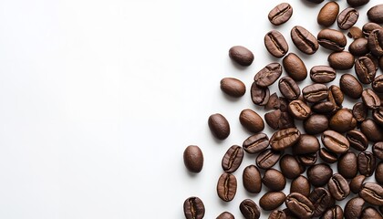 Obraz premium A close-up of scattered coffee beans on a white background.