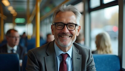 Fototapeta premium Portrait of a happy, smiling middle-aged businessman wearing eyeglasses, sitting on a public city transport bus seat near the window