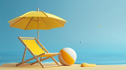 A serene beach scene featuring a yellow umbrella, lounge chair, and beach ball.