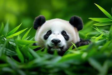 A panda bear resting in a bamboo grove, surrounded by the rich greenery and dappled sunlight, creating a serene and peaceful image