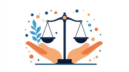Hands holding balanced scales, representing justice and morality, flat design illustration
