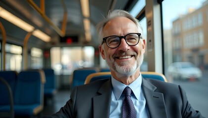 Fototapeta premium Portrait of a happy, smiling middle-aged businessman wearing eyeglasses, sitting on a public city transport bus seat near the window