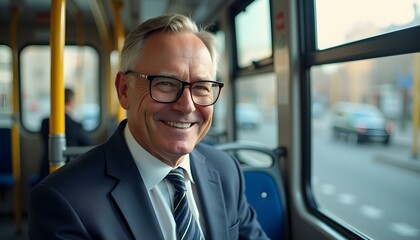 Fototapeta premium Portrait of a happy, smiling middle-aged businessman wearing eyeglasses, sitting on a public city transport bus seat near the window
