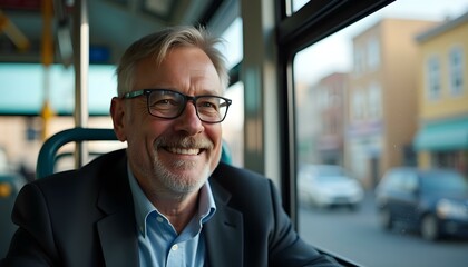 Fototapeta premium Portrait of a happy, smiling middle-aged businessman wearing eyeglasses, sitting on a public city transport bus seat near the window