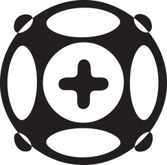 A black and white logo showcasing a ball with a cross, illustrating a help icon characterized by a plus sign