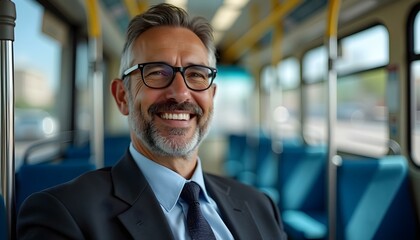 Fototapeta premium Portrait of a happy, smiling middle-aged businessman wearing eyeglasses, sitting on a public city transport bus seat near the window