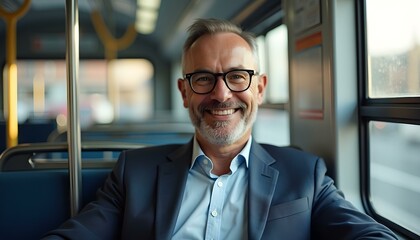 Naklejka premium Portrait of a happy, smiling middle-aged businessman wearing eyeglasses, sitting on a public city transport bus seat near the window