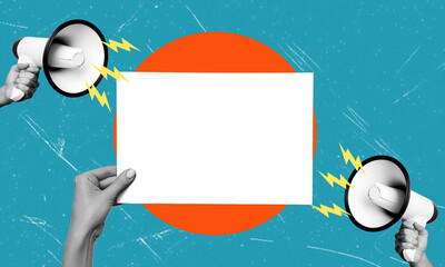 Modern art collage featuring megaphones and hands with tableau for copy space.